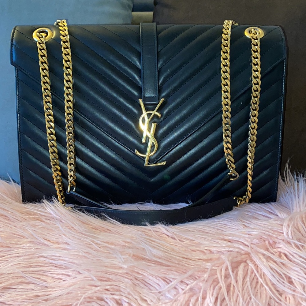 Monogram YSL V-Flap Large Chevron Envelope Chain Shoulder Bag - Golden Hardware